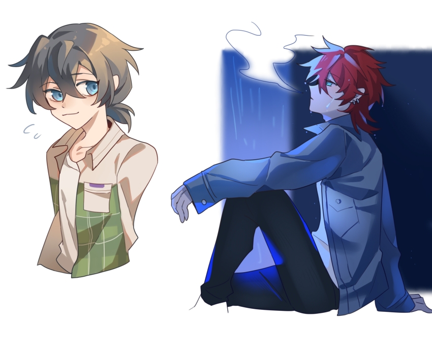 2boys amagi_rinne aqua_eyes black_pants blowing_smoke blue_eyes chinese_commentary closed_mouth collared_shirt commentary_request cropped_torso earclip ensemble_stars! grey_hair grey_jacket hair_between_eyes highres jacket male_focus multiple_boys open_clothes open_jacket open_shirt pants rain red_hair shiina_niki shirt short_hair sitting smile tie_fei_wu_mang_dashuai white_shirt