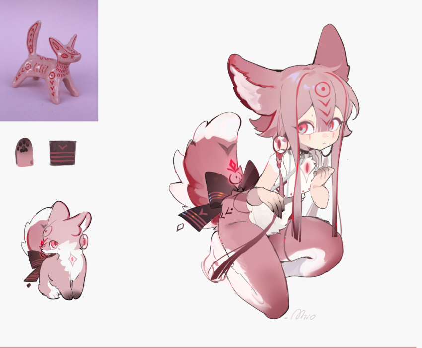 1girl animal_ears animal_feet animal_hands arin_(fanfan013) bare_arms belt belt_collar black_belt black_bow black_hair blue_eyes blunt_bangs blunt_ends bottomless bow chest_jewel cleavage_cutout closed_mouth clothing_cutout collar colored_tips creature_and_personification deer_ears deer_girl deer_tail dreamcatcher earrings facepaint flat_chest full_body gem hair_between_eyes hair_intakes hoop_earrings jewelry light_frown looking_at_viewer marking_on_cheek monster_girl multicolored_eyes multicolored_hair original personification red_eyes red_gemstone red_hair reference_inset sculpture shirt short_hair_with_long_locks short_sleeves sidelocks signature simple_background solo squatting streaked_hair tail tail_bow tail_ornament tassel tassel_earrings two-tone_eyes white_background white_shirt