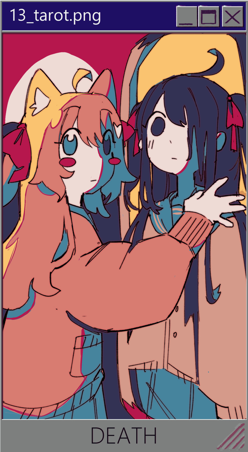 2girls absurdres ahoge animal_ears black_hair blue_eyes blue_sailor_collar blue_skirt blush blush_stickers bow brown_cardigan brown_hair card_(medium) cardigan cat_ears closed_mouth death_(tarot) different_reflection hair_bow highres indie_virtual_youtuber live2d_inc. long_hair long_sleeves looking_at_viewer microsoft_windows mirror momose_hiyori multiple_girls neuro-sama non-web_source pasharuu pink_background pleated_skirt red_bow reflection sailor_collar simple_background skirt tarot tarot_(medium) two_side_up virtual_youtuber window_(computing) windows_95 windows_classic