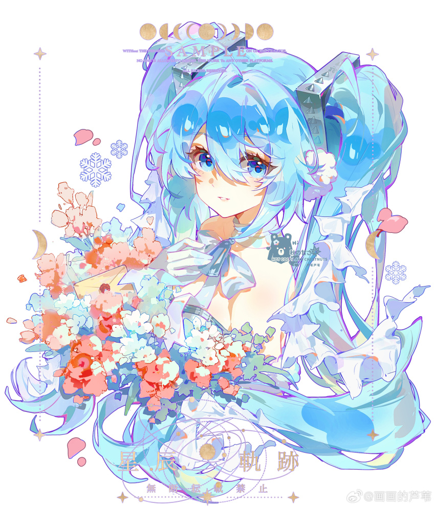 1girl absurdres bare_shoulders blue_bow blue_bowtie blue_eyes blue_hair bow bowtie chinese_commentary choker commentary_request commission crescent cropped_torso dress envelope eyelashes flower gloves hair_between_eyes hair_intakes hair_ornament hand_on_own_chest happy hatsune_miku highres huahua_deluwei long_hair loose_hair_strand parted_lips petals pink_lips red_flower sample_watermark simple_background smile snowflakes solo strapless strapless_dress twintails very_long_hair vocaloid watermark wax_seal weibo_watermark white_background white_choker white_dress white_flower white_gloves