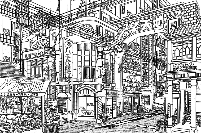 absurdly_detailed_composition absurdres analog_clock bicycle building car clock commentary_request complex_exterior greyscale highres lineart market_stall monochrome motor_vehicle original outdoors pen_(medium) people phone_number power_lines road scenery sign street traditional_media traffic_light translation_request urban utility_pole yamaguti