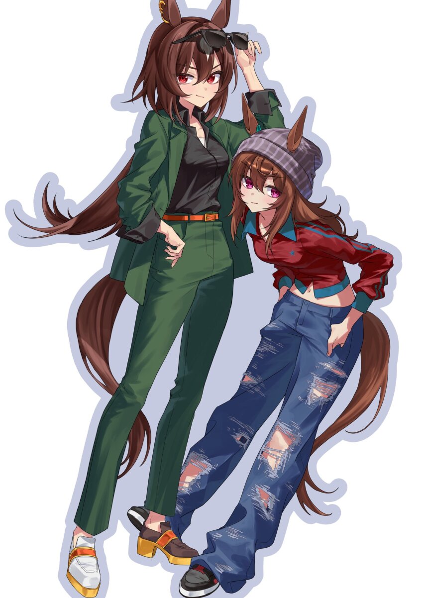 2girls adjusting_eyewear animal_ears asymmetrical_footwear beanie belt black_shirt black_shoes blue_pants breasts brown_hair brown_shoes closed_mouth collared_shirt crop_top denim ears_through_headwear eyewear_on_head full_body green_jacket green_pants grey_hat gul_(parfaitgul) hat high_heels highres horse_ears horse_girl horse_tail jacket jeans long_hair long_sleeves looking_at_viewer mismatched_footwear multiple_girls nakayama_festa_(umamusume) navel open_clothes open_jacket outline pants pink_eyes red_eyes red_shirt shirt shirt_tucked_in shoes shorts simple_background sirius_symboli_(umamusume) small_breasts smile sneakers sunglasses tail thumb_in_pocket torn_clothes torn_jeans torn_pants umamusume white_background white_shorts
