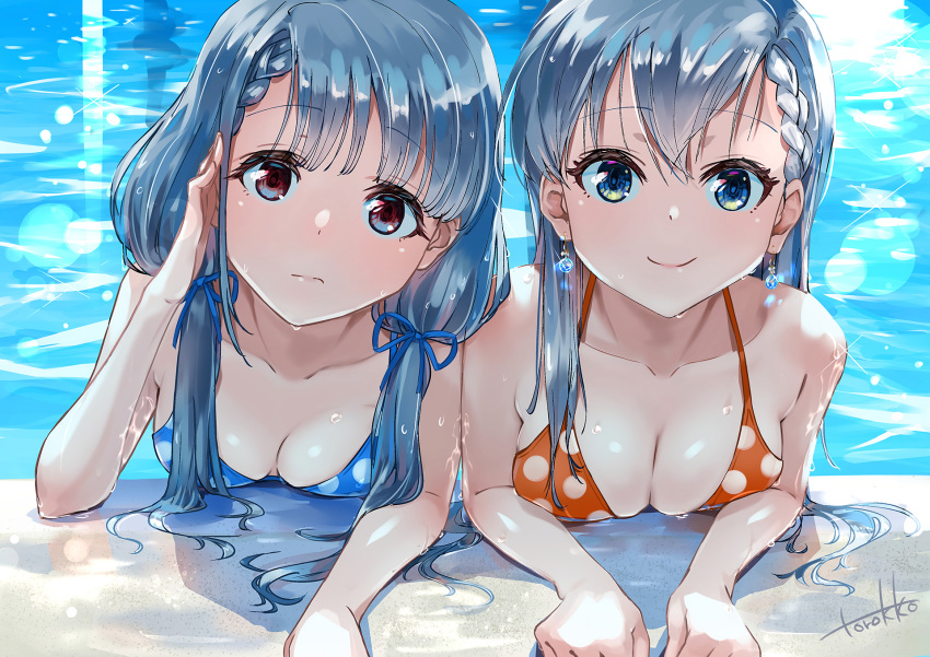 2girls arm_support bikini braid braided_bangs breast_press day earrings grey_hair hair_ribbon hand_up head_tilt highres hisakawa_hayate hisakawa_nagi idolmaster idolmaster_cinderella_girls idolmaster_cinderella_girls_starlight_stage jewelry lens_flare looking_at_viewer multiple_girls partially_submerged polka_dot polka_dot_bikini pool ribbon siblings signature smile swimsuit torokko wet