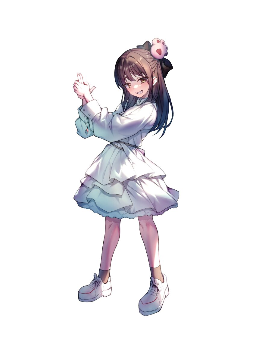 1girl absurdres animification belt black_ribbon black_socks blush brown_eyes brown_hair collared_dress commission dress finger_gun fingernails full_body grin hair_ribbon highres knees long_hair long_sleeves looking_at_viewer misumi_yuka paw_hair_ornament real_life redcomet ribbon second-party_source shoes simple_background smile sneakers socks solo standing string_belt teeth white_background white_belt white_dress white_shoes