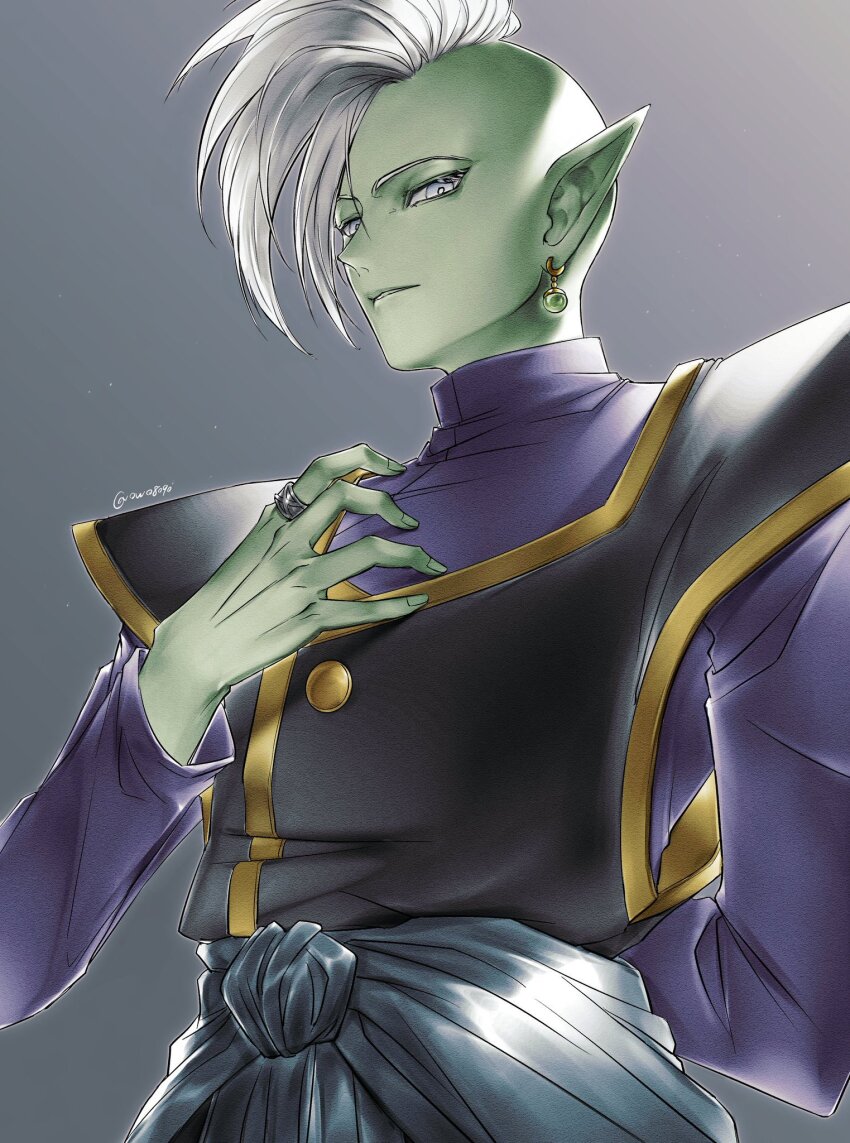 1boy arm_behind_back black_vest blue_sash bright_pupils colored_skin commentary dragon_ball dragon_ball_super earrings film_grain from_below gem gold_trim green_gemstone green_skin grey_background grey_eyes hand_on_own_chest highres jewelry kaioushin looking_at_viewer looking_down looking_to_the_side male_focus mohawk owo8090 parted_lips pointy_ears potara_earrings purple_shirt sash shirt silver_ring solo upper_body vest white_pupils zamasu