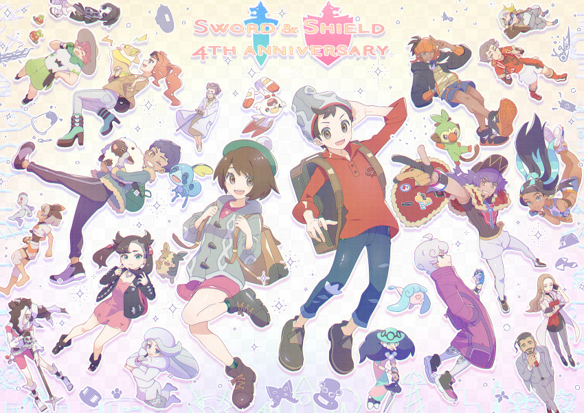 6+boys 6+girls :d absurdres ahoge allister_(pokemon) anniversary applin backpack bag barefoot bea_(pokemon) beanie bede_(pokemon) belt black_footwear black_jacket boots bow_hairband brown_bag brown_footwear brown_jacket buttons cane cardigan coat collared_shirt commentary_request copyright_name curly_hair dark-skinned_female dark-skinned_male dark_skin dress everyone floating_hair game_freak gen_1_pokemon gen_8_pokemon gloria_(pokemon) gloves gordie_(pokemon) green_footwear green_headwear grey_cardigan grey_hair grey_headwear grey_jacket grey_pants grey_vest grin grookey hairband hat hatenna headband hedihog highres holding holding_poke_ball holding_pokemon holding_strap hood hoodie hop_(pokemon) jacket kabu_(pokemon) knee_pads leon_(pokemon) long_hair machop magnolia_(pokemon) marnie_(pokemon) mask melony_(pokemon) microphone_stand milo_(pokemon) morpeko morpeko_(full) multicolored_hair multiple_boys multiple_girls nessa_(pokemon) nintendo oleana_(pokemon) opal_(pokemon) open_clothes open_jacket open_mouth orange_hair orange_headband pants pantyhose piers_(pokemon) pink_dress poke_ball pokemon pokemon_(creature) pokemon_swsh purple_coat raihan_(pokemon) red_shirt rose_(pokemon) scarf scorbunny shirt shoes short_hair short_sleeves shorts side_ponytail skirt smile sobble sonia_(pokemon) tam_o&#039;_shanter tassel teeth twintails two-tone_hair vest victor_(pokemon) wooloo yamper