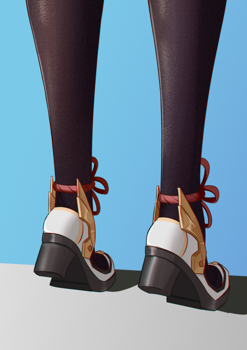 1girl absurdres black_pantyhose blue_background bu_weizhuang chinese_commentary commentary_request ganyu_(genshin_impact) genshin_impact head_out_of_frame highres ledge legs lower_body pantyhose shoes simple_background solo tiptoes white_shoes