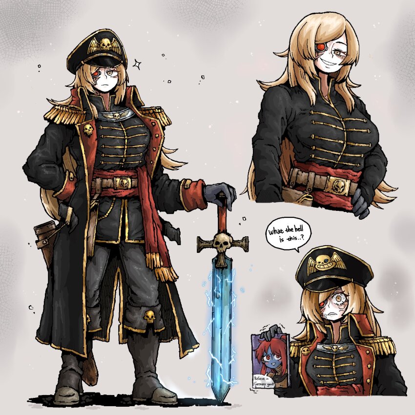 1girl 2girls alien anger_vein anya&#039;s_heh_face_(meme) arm_behind_back astra_militarum blonde_hair blue_skin boots breasts collar colored_skin commissar cover cover_page english_text hat highres holding holding_sword holding_weapon large_breasts long_hair meme military_hat military_uniform multiple_girls octosoup orange_eyes power_sword red_hair red_sash sash scabbard sheath skull solo sword t&#039;au undertale warhammer_40k weapon