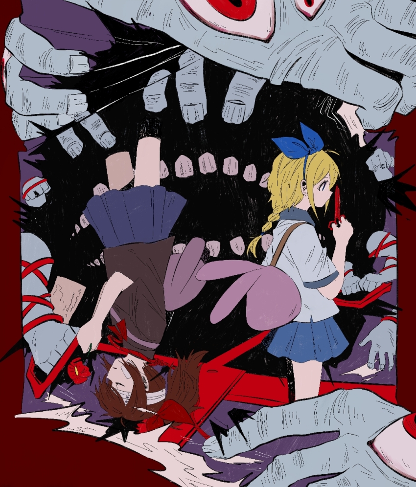 2girls animal_bag bandage_on_face bandaged_hand bandages blonde_hair blue_bow blue_skirt bow braid brown_hair brown_shirt closed_eyes eye_in_palm flower haru_(yomawari) highres holding holding_flower holding_scissors multiple_girls pleated_skirt ponytail red_bow red_flower scissors shin_yomawari shirt shovel skirt starjinxin teeth yomawari_(series) yui_(yomawari)