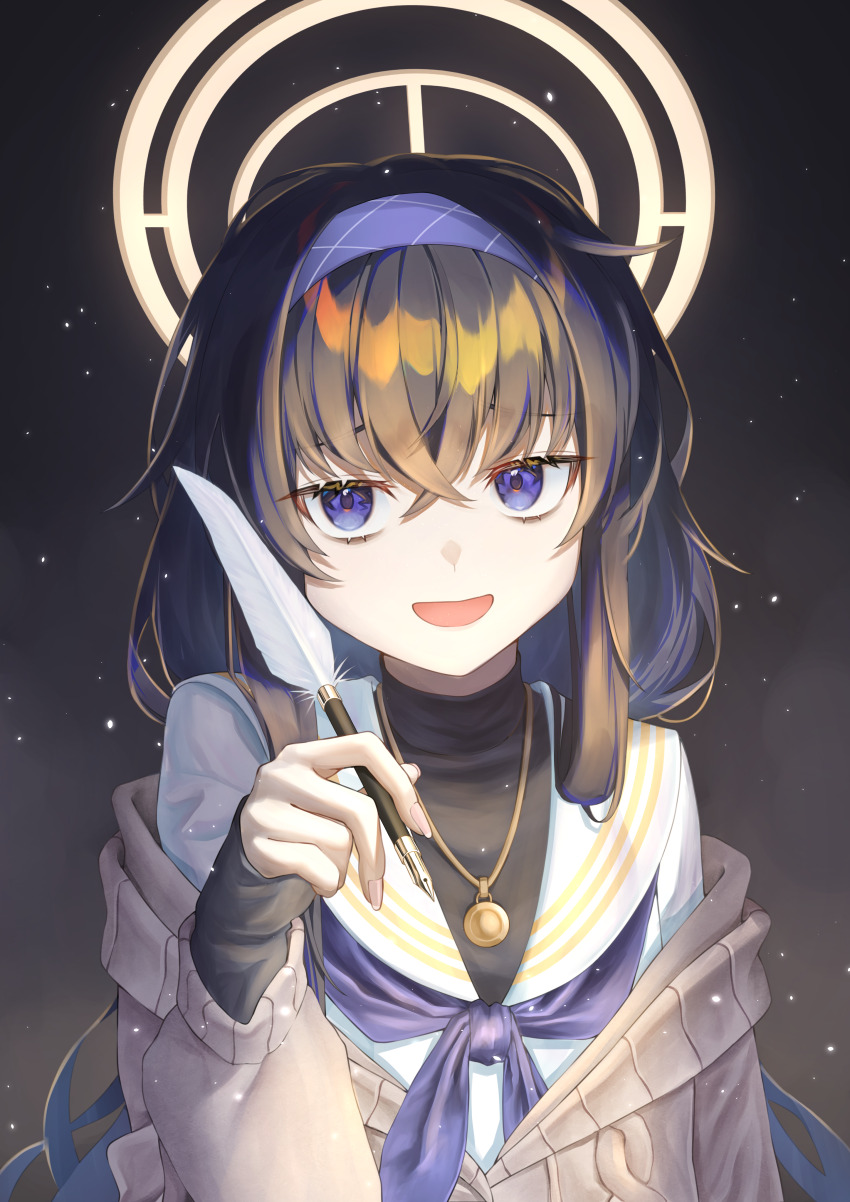 1girl aboreen absurdres bags_under_eyes black_background black_hair black_undershirt blue_archive blue_eyes blue_hairband crossed_bangs fingernails gradient_background hair_between_eyes hairband halo highres holding holding_quill jewelry long_hair long_sleeves looking_at_viewer necklace open_mouth quill school_uniform serafuku solo sparkle ui_(blue_archive) very_long_hair white_serafuku