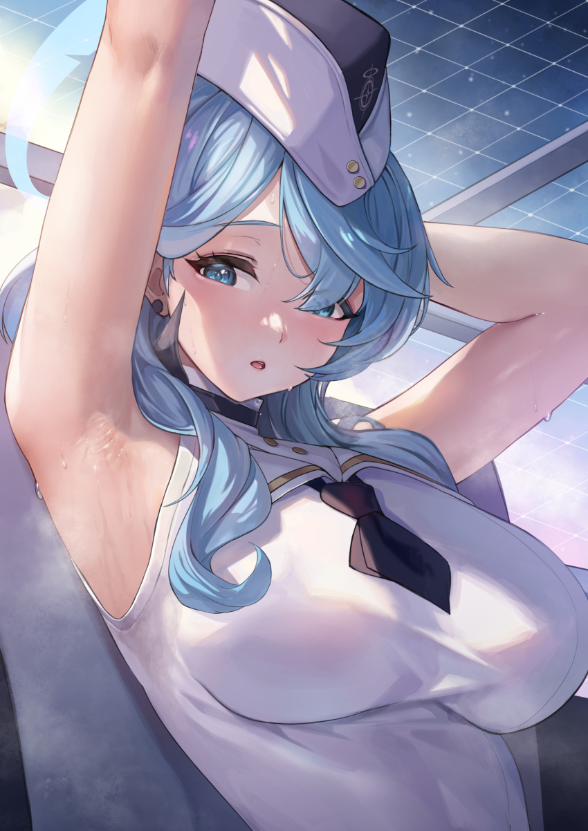 1girl :o absurdres ako_(blue_archive) armpits arms_up black_necktie blue_archive blue_eyes blue_hair blush breasts commentary_request dress garrison_cap halo hat highres large_breasts looking_at_viewer mute_(mute89539160) necktie official_alternate_costume presenting_armpit short_necktie sleeveless sleeveless_dress solo steaming_body sweat taut_clothes taut_dress upper_body utnapishtim_operator_uniform_(blue_archive) white_dress