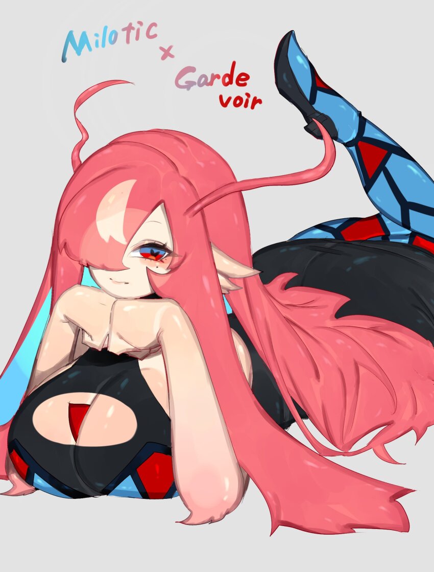 blue_eyes breasts cleavage cleavage_cutout clothing_cutout gardevoir gen_3_pokemon heart heart-shaped_pupils highres huge_breasts long_hair looking_at_viewer milotic mole mole_under_eye multicolored_eyes multicolored_hair nintendo pokemon pokemon_(creature) red_eyes red_hair sideboob smile symbol-shaped_pupils togetoge