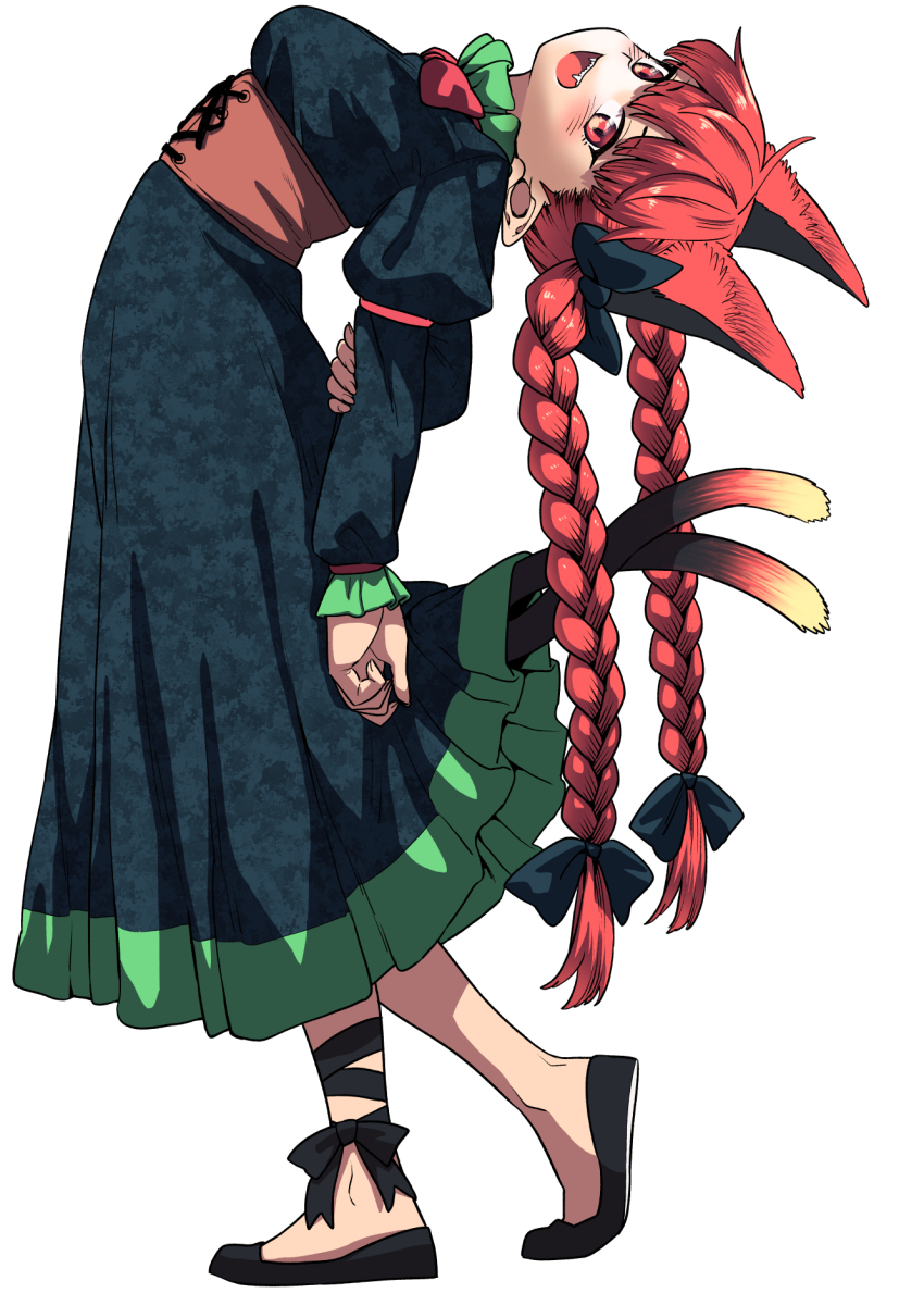 1girl :d animal_ears arm_at_side arm_behind_back bent_over_backwards black_bow blunt_bangs blush bow braid breasts cat_ears cat_girl cat_tail commentary_request corset dress extra_ears fangs from_side full_body fuuzasa holding_own_arm green_dress hair_bow highres juliet_sleeves kaenbyou_rin leaning_back long_hair long_sleeves looking_at_viewer medium_breasts multiple_tails open_mouth pointy_ears puffy_sleeves red_eyes red_hair simple_background smile solo standing tail teeth touhou tsurime twin_braids two_tails upper_teeth_only white_background