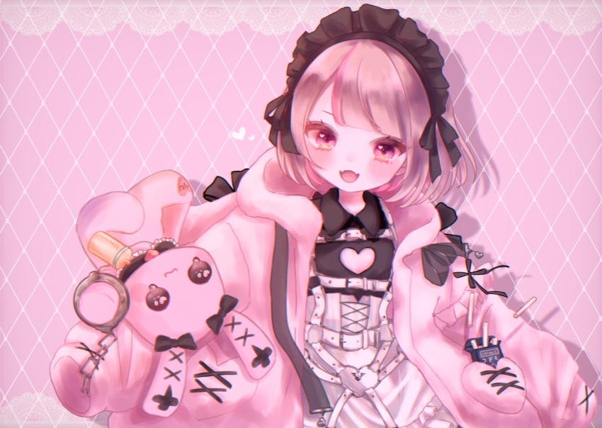 1girl cigarette cigarette_pack clothing_cutout coat eyelashes fang heart_cutout highres maid_headdress makaino_ririmu mi_oxo_9m nijisanji open_mouth pink_coat pink_eyes pink_hair pink_theme skin_fang solo stuffed_animal stuffed_rabbit stuffed_toy virtual_youtuber