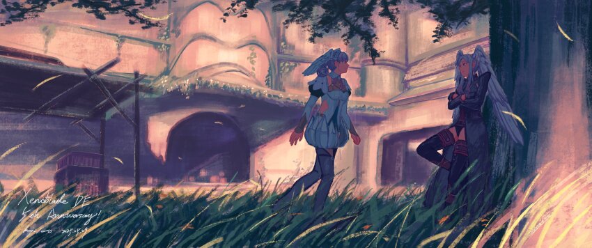 2girls absurdres against_tree anniversary closed_mouth commentary_request copyright_name curly_hair falling_leaves grey_hair head_wings highres kyuubankuji leaf long_hair melia_antiqua multiple_girls on_grass outdoors smile standing tree tyrea_(xenoblade) wings xenoblade_chronicles:_future_connected xenoblade_chronicles_(series) xenoblade_chronicles_1