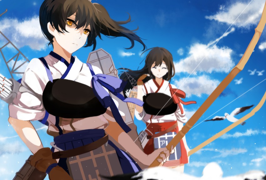 10s 2girls akagi_(kancolle) arrow_(projectile) bird bow_(weapon) brown_hair highres japanese_clothes kaga_(kancolle) kantai_collection long_hair multiple_girls muneate quiver seagull side_ponytail smile weapon zgxuke