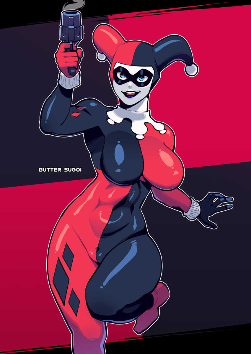 1girl artist_name batman_(series) black_bodysuit black_lips blue_eyes bodysuit breasts butter_sugoi commentary dc_comics domino_mask flare_gun gun harlequin harley_quinn harley_quinn_(classic) hat highres holding holding_gun holding_weapon impossible_bodysuit impossible_clothes jester jester_cap jester_costume large_breasts mask open_mouth red_bodysuit round_teeth smile solo standing standing_on_one_leg teeth two-tone_bodysuit two-tone_hat weapon white_facepaint