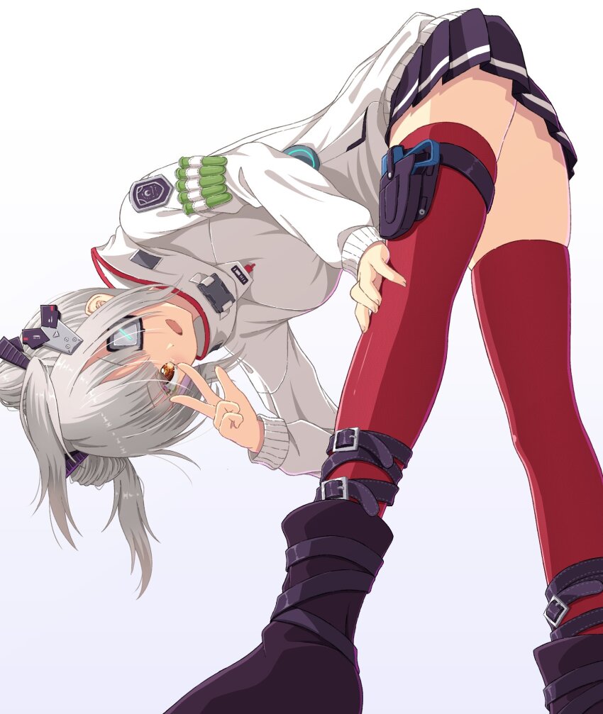 black_skirt double_bun eyepatch from_below hair_bun hair_ornament heaven_burns_red highres medium_hair mochimugi_rice one_eye_covered pleated_skirt red_eyes red_thighhighs skirt thighhighs twintails v white_hair white_hood yamawaki_bon_ivar
