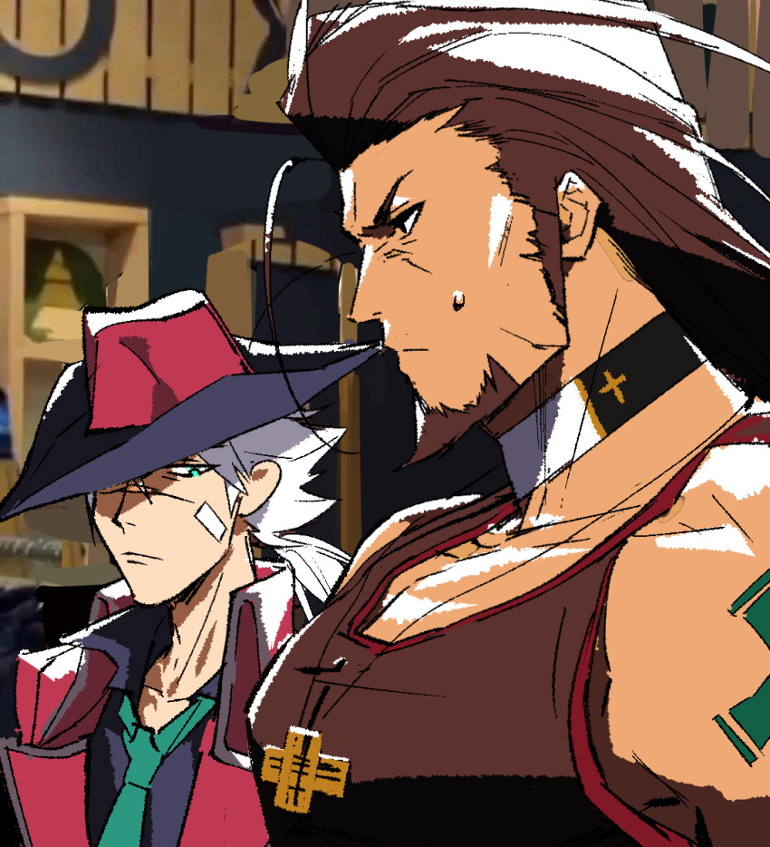 2boys bacchus_lpiii bara black_tank_top character_request copyright_request fedora from_side girl_staring_at_guy&#039;s_chest_(meme) hat large_pectorals looking_ahead looking_at_another looking_at_pectorals loose_hair_strand male_focus male_gunner_(dungeon_and_fighter) male_priest_(dungeon_and_fighter) male_ranger_(dungeon_and_fighter) mature_male meme monk_(dungeon_and_fighter) multiple_boys muscle_envy muscular muscular_male pectorals photo_background priest_(dungeon_and_fighter) profile short_hair sweatdrop tank_top thick_eyebrows upper_body yaoi