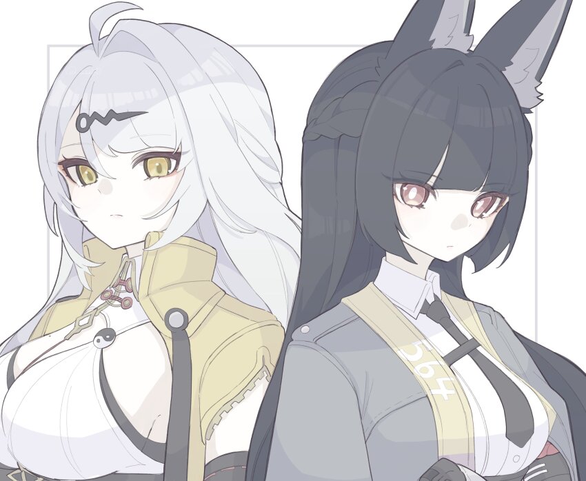 2girls absurdres animal_ear_fluff animal_ears aqua_jacket black_necktie blunt_bangs breasts collared_shirt fox_ears fox_girl hair_ornament highres hoshimi_miyabi jacket large_breasts long_hair multiple_girls necktie red_eyes shirt single_hair_intake upper_body white_hair white_shirt yellow_eyes yin_yang_pin yixuan_(zenless_zone_zero) zenless_zone_zero zzzii0