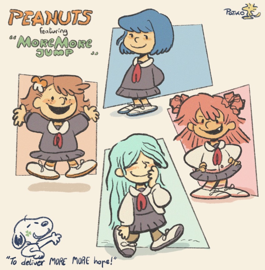 4girls aqua_hair arms_behind_back blue_hair blush brown_hair charles_schulz_(style) closed_eyes copyright_name english_text freckles grey_shirt grey_skirt hanasato_minori hands_on_own_hips highres hinomori_shizuku kiritani_haruka long_hair medium_hair momoi_airi more_more_jump!_(project_sekai) multiple_girls neckerchief parody patk_o0 peanuts_(comic) pink_hair project_sekai red_neckerchief sailor_collar shirt shoes short_hair skirt smile snoopy style_parody white_sailor_collar white_shoes woodstock