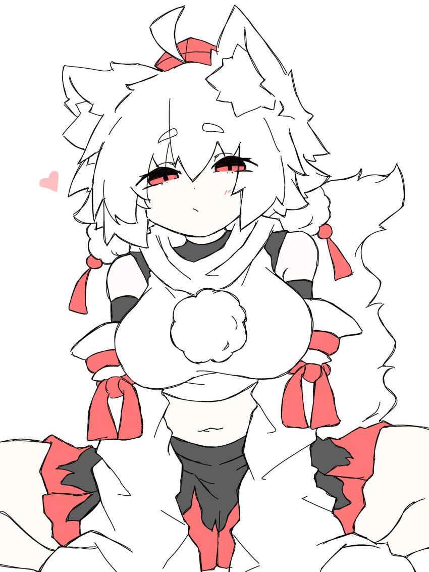 1girl animal_ear_fluff animal_ears breasts fumomono hat highres inubashiri_momiji looking_at_viewer medium_breasts no_pants red_eyes shirt short_hair sitting skirt sleeveless sleeveless_shirt solo tail touhou turtleneck turtleneck_shirt white_background white_hair white_shirt wolf_ears wolf_girl wolf_tail