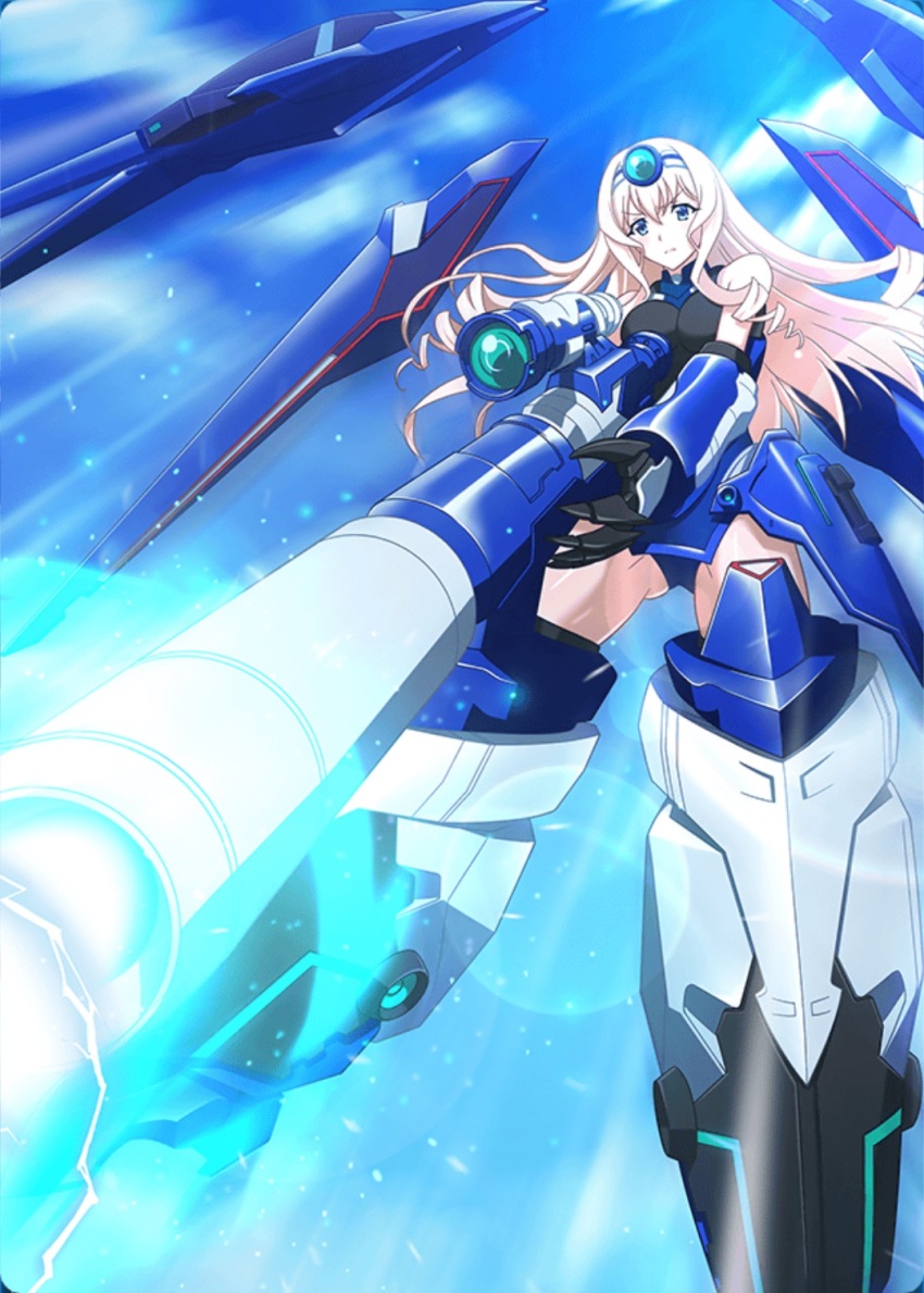 1girl bazooka blonde_hair blue_eyes blue_tears breasts cecilia_alcott drill_hair full_body gun headband highres incoming_attack infinite_stratos large_breasts legs long_hair looking_at_viewer mecha_musume official_art open_mouth serious solo thighs weapon