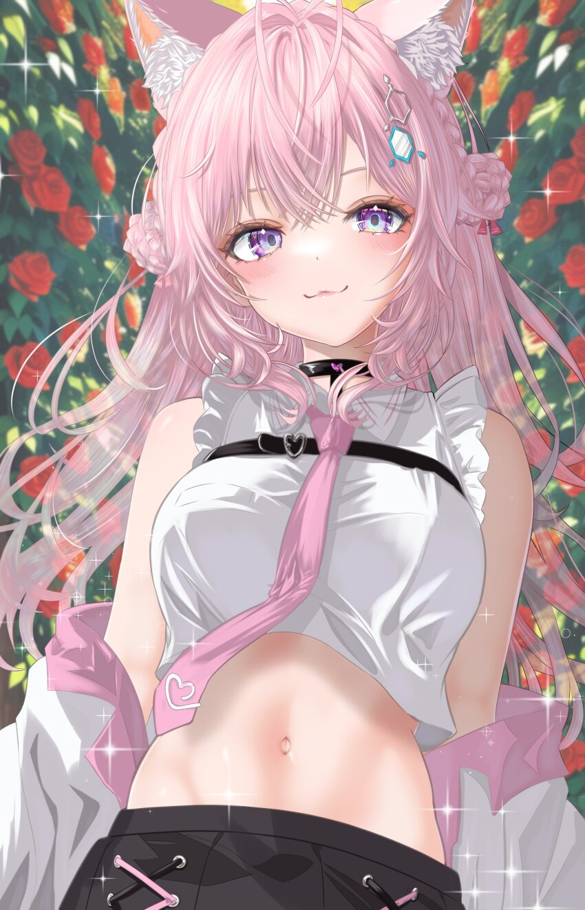 1girl :3 absurdres animal_ear_fluff animal_ears antenna_hair bare_shoulders belt black_belt black_choker black_skirt blush braid braided_bun breasts buckle chest_belt choker closed_mouth coat coat_partially_removed commentary_request crown_braid double_bun flower glitter hair_bun hair_ornament hair_ribbon hakui_koyori hakui_koyori_(1st_costume) heart heart-shaped_buckle heart_choker heart_in_eye highres hololive lab_coat large_breasts long_hair long_sleeves looking_at_viewer midriff navel necktie pink_eyes pink_hair pink_lips pink_necktie pink_ribbon pleated_skirt purple_eyes red_flower red_rose ribbon rose skirt smile stomach symbol_in_eye virtual_youtuber wakaunderblade7 white_coat wolf_ears wolf_girl