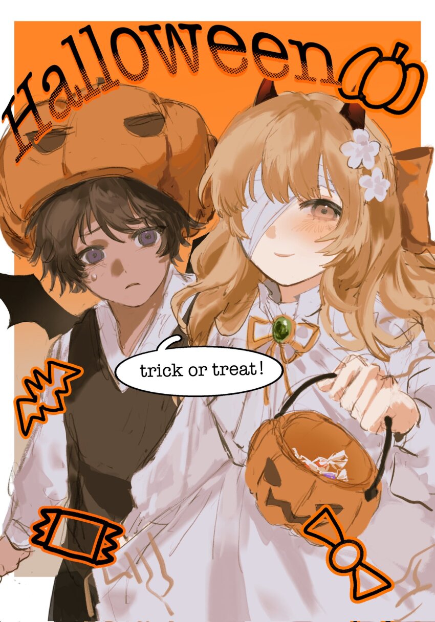1boy 1girl aged_down bandage_over_one_eye bat_wings black_sweater_vest black_wings bow brown_eyes brown_hair catherine_(project_moon) closed_mouth collared_shirt cowboy_shot demon_horns flower hair_bow halloween heathcliff_(project_moon) highres horns limbus_company ling_zhiyun long_hair long_sleeves looking_at_viewer neck_ribbon orange_bow orange_ribbon project_moon pumpkin_hat purple_eyes ribbon shirt smile sweater_vest trick_or_treat white_flower white_shirt wings
