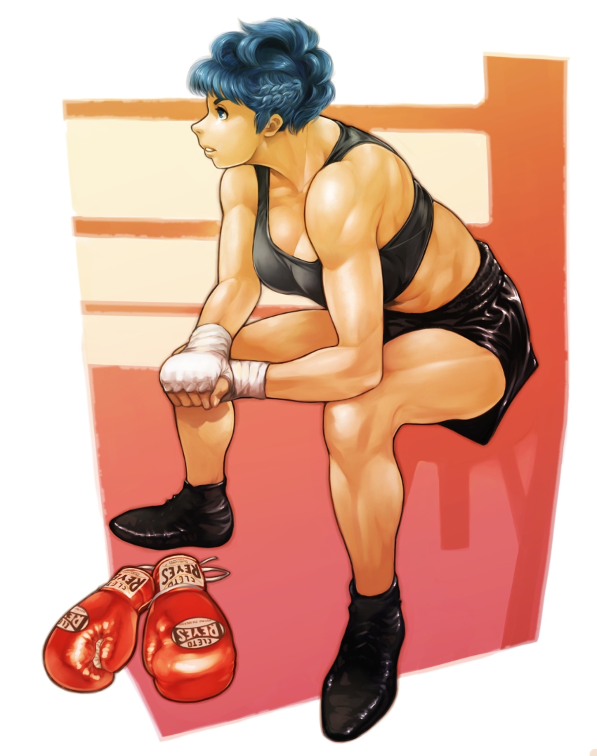 1girl bandages blue_eyes blue_hair boxer boxing_gloves boxing_ring braid breasts cleavage female_focus highres matching_hair/eyes md5_mismatch muscular muscular_female original resolution_mismatch shoes short_hair shorts sitting solo sports_bra vigwer