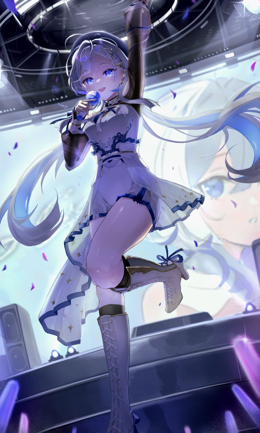 1girl absurdres animal_hair_ornament bare_shoulders blue_eyes blue_hat blue_streaks boots bwalg_(aftv5725) clothing_cutout concert corset dutch_angle glowstick hair_ornament hat headphones hebi_(vtuber) highres holding holding_headphones holding_microphone idol idol_clothes indie_virtual_youtuber jewelry long_hair looking_at_viewer microphone multicolored_hair music porcelain qinghua_(porcelain) ribbon ring scale_print screen screen_zoom see-through_clothes see-through_sleeves shorts shoulder_cutout singing snake snake_hair_ornament solo speaker stage stage_lights standing standing_on_one_leg streaked_hair thighs twintails virtual_youtuber white_boots white_corset white_hair white_overskirt white_shorts white_snake wireless_microphone
