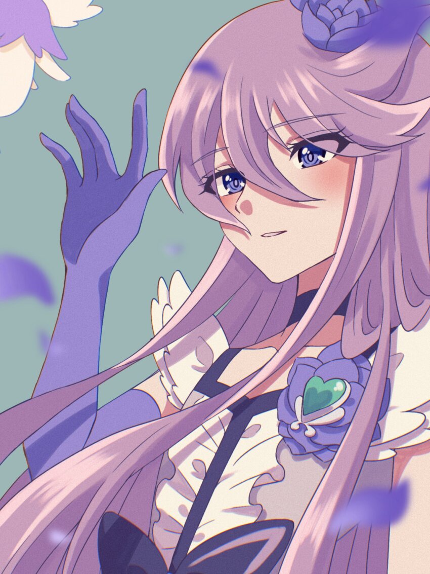 1girl black_choker blue_eyes blue_gloves blush brooch choker cologne_(heartcatch_precure!) creature cure_moonlight dress elbow_gloves fairy flower gloves hair_flower hair_ornament heart heart_brooch heartcatch_precure! highres jewelry long_hair magical_girl open_mouth precure purple_hair shigen_pr solo tsukikage_yuri two-tone_dress upper_body