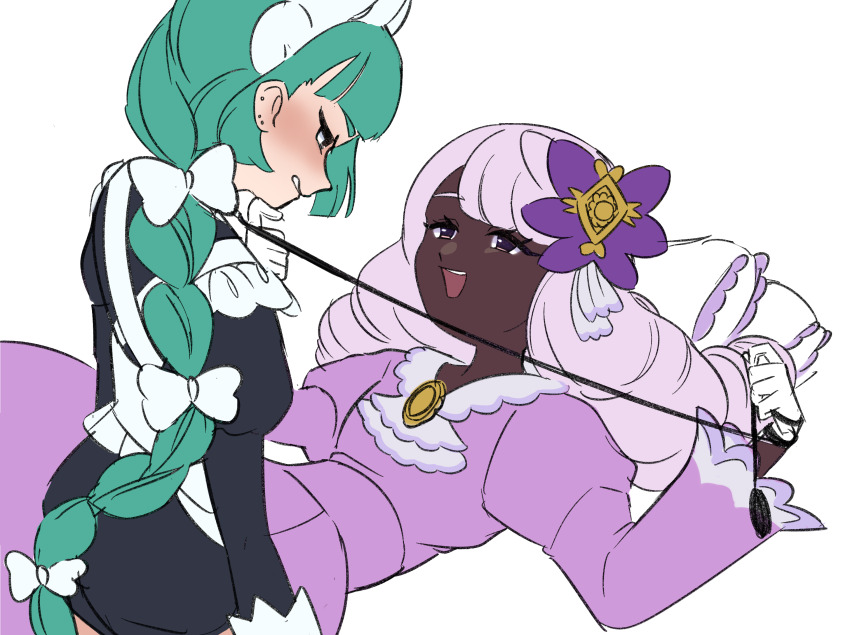 2girls :d apron black_dress bow braid braided_ponytail clenched_teeth commentary_request dark-skinned_female dark_skin dress feko gloves hair_bow hair_ornament hand_up headdress highres holding holding_leash jacinthe_(pokemon) leash lebanne_(pokemon) long_hair long_sleeves lying maid multiple_girls nintendo on_back open_mouth pet_play pillow pokemon pokemon_legends:_z-a purple_dress purple_hair smile teeth white_apron white_background white_bow white_gloves