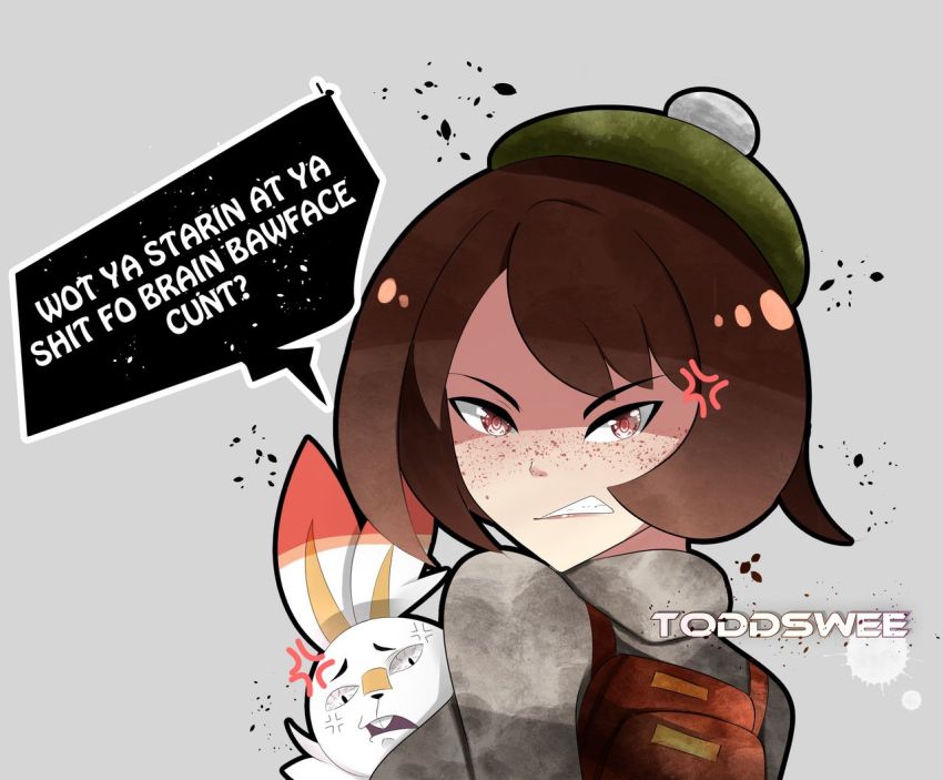 1girl anger_vein angry artist_name bag brown_eyes brown_hair child dress female_focus gen_8_pokemon gloria_(pokemon) grey_background grey_jacket hat holding jacket looking_at_viewer nintendo pink_dress pokemon pokemon_(creature) pokemon_swsh scared scorbunny scottish_english_text short_hair simple_background speech_bubble tam_o&#039;_shanter turning_head