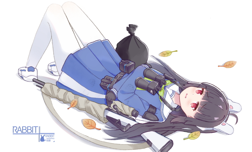 1girl animal_ears binoculars black_gloves black_hair blue_archive blue_serafuku blue_skirt blunt_bangs bolt_action commentary_request fake_animal_ears full_body gloves green_neckerchief gun highres knees_up leaf long_hair long_sleeves looking_at_viewer lying miyu_(blue_archive) mosin-nagant nanhui_(pixiv_25128899) neckerchief open_mouth pantyhose rabbit_ears red_eyes rifle sailor_collar school_uniform serafuku shoes skirt sneakers solo tearing_up tears trash_bag weapon white_background white_pantyhose white_sailor_collar white_shoes