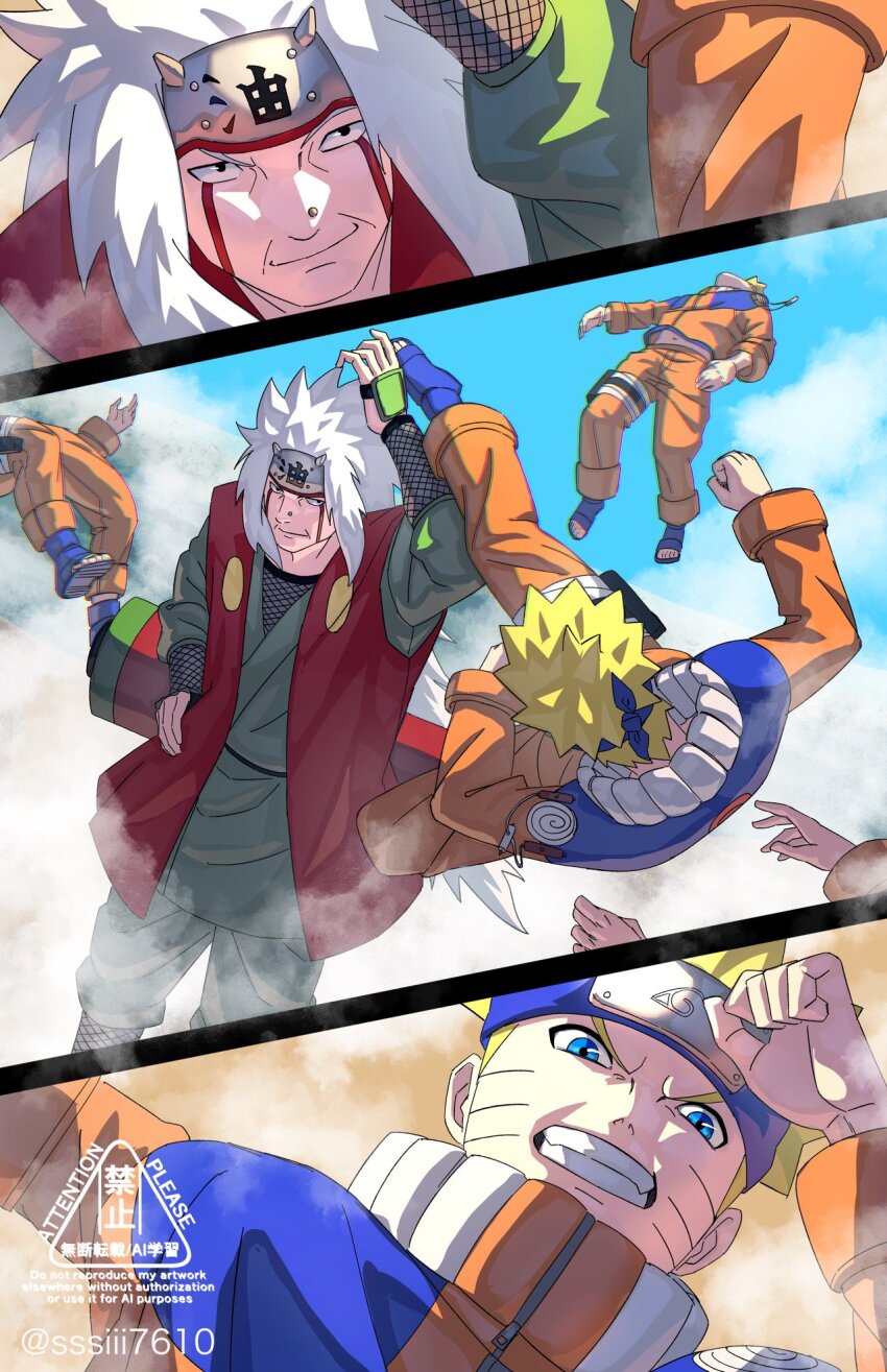 2boys artist_name battle blonde_hair facial_mark flak_jacket forehead_protector highres jacket jiraiya_(naruto) multiple_boys multiple_persona naruto_(classic) naruto_(series) scroll_tube signature sssiii7610 teacher_and_student twitter_username uzumaki_naruto white_hair