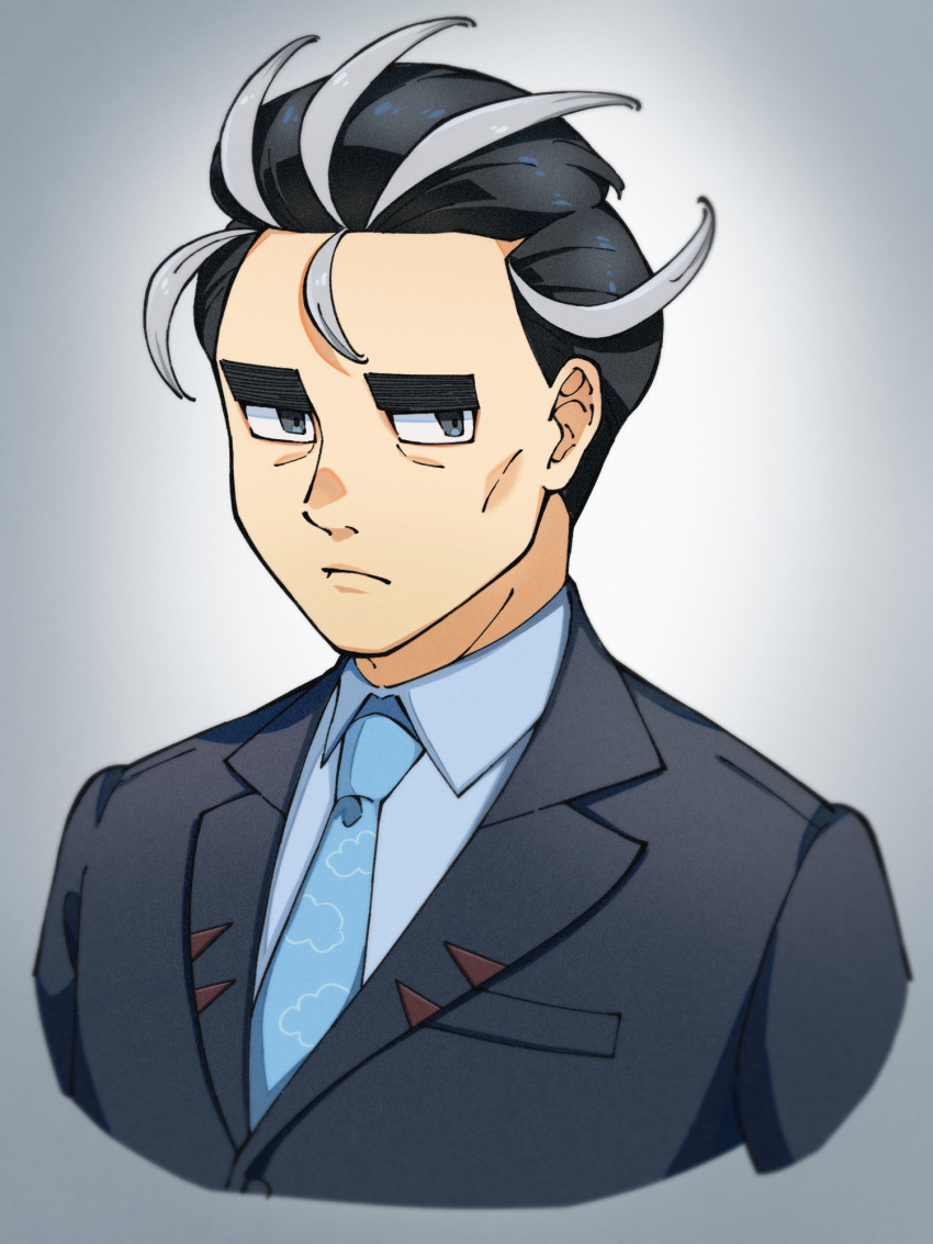 1boy black_hair black_jacket closed_mouth collared_shirt commentary_request frown grey_background grey_eyes grey_hair highres jacket larry_(pokemon) male_focus multicolored_hair necktie nintendo nori_(hgdm2784) pokemon pokemon_sv shirt sideways_glance solo streaked_hair two-tone_hair upper_body
