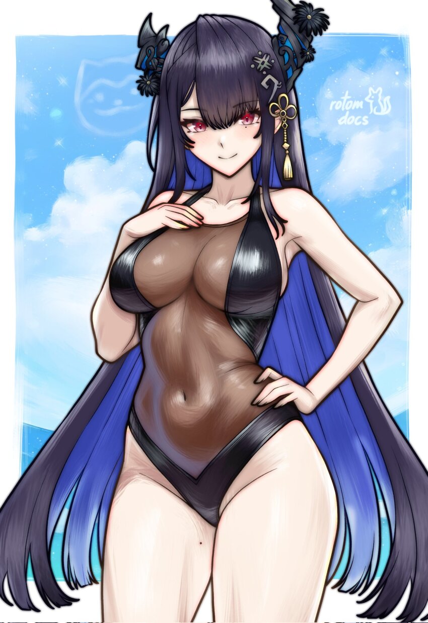 1girl alternate_costume artist_name asymmetrical_horns black_flower black_hair black_horns black_one-piece_swimsuit blue_hair blue_sky blush border breasts closed_mouth cloud colored_inner_hair commentary commission corrupted_twitter_file cowboy_shot demon_horns english_commentary flower hair_ornament hand_on_own_chest hand_on_own_hip highleg highleg_one-piece_swimsuit highres hololive hololive_english horn_flower horns large_breasts long_hair looking_at_viewer mole mole_on_thigh mole_under_eye multicolored_hair navel nerissa_ravencroft one-piece_swimsuit outside_border red_eyes rotomdocs see-through_clothes see-through_one-piece_swimsuit sky smile solo standing swimsuit tassel tassel_hair_ornament two-tone_hair uneven_horns very_long_hair virtual_youtuber white_border