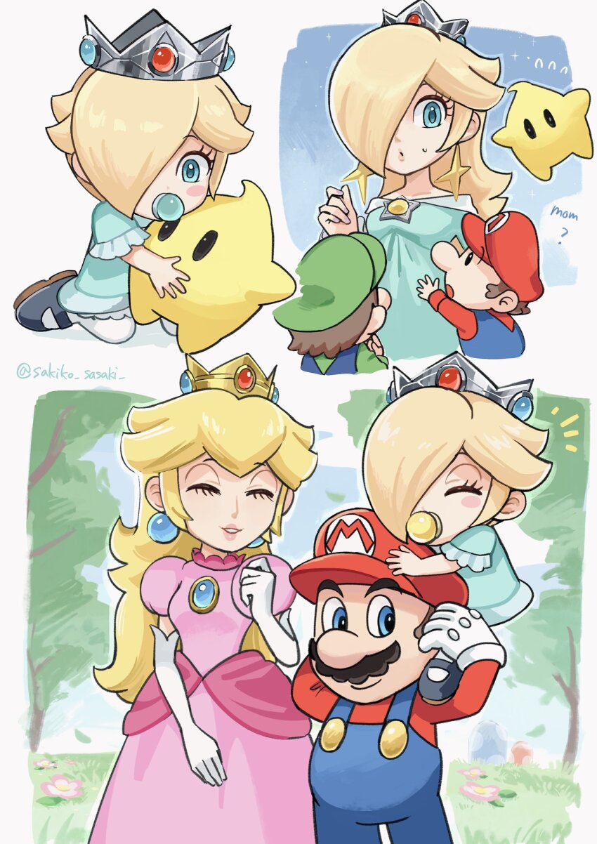 2girls 3boys baby_luigi baby_mario baby_rosalina blonde_hair blue_dress blue_eyes blue_overalls blush_stickers brooch brown_hair carrying closed_eyes closed_mouth crown dress earrings elbow_gloves eyelashes facial_hair gloves green_hat green_shirt hair_over_one_eye hat highres jewelry long_hair long_sleeves luigi luma_(mario) mario mario_(series) multiple_boys multiple_girls mustache nintendo overalls pacifier pink_dress princess_peach purple_nails red_hat rosalina sasaki_sakiko shirt short_hair shoulder_carry smile star_(symbol) star_brooch star_earrings sweatdrop twitter_username white_gloves