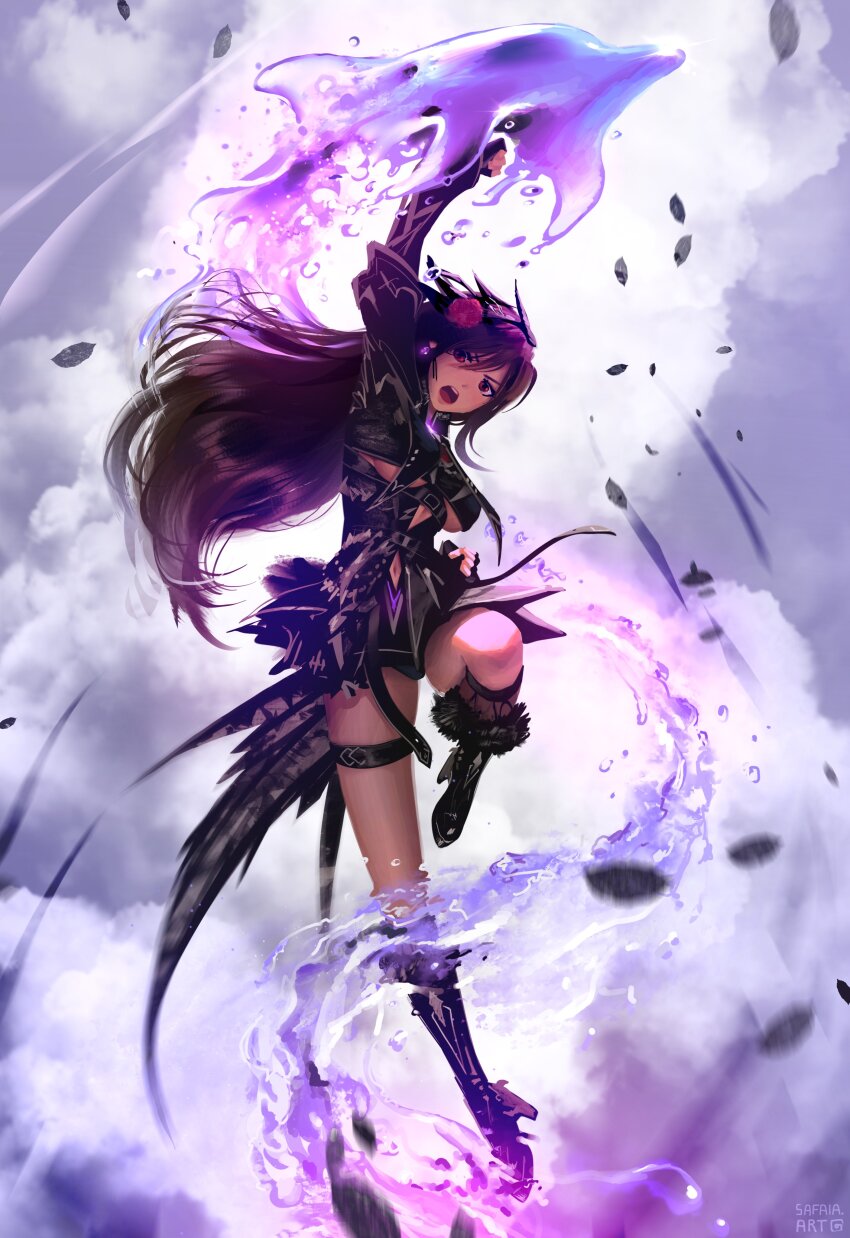 1girl absurdres arm_up artist_name black_hair black_shirt black_skirt boots breasts clenched_hands clothing_cutout commentary debris dolphin dragon_tail dust_cloud fighting_stance final_fantasy final_fantasy_vii final_fantasy_vii_ever_crisis fingerless_gloves floating_hair flower foot_up full_body fur-trimmed_boots fur_trim gloves hair_between_eyes hair_flower hair_ornament high_heel_boots high_heels highres knee_boots large_breasts long_hair looking_at_viewer midriff_peek multicolored_hair navel navel_cutout official_alternate_costume open_mouth red_eyes red_flower safaia shirt skirt solo streaked_hair symbol-only_commentary tail thigh_strap tifa_lockhart tifa_lockhart_(bahamut_suit) underboob underboob_cutout uppercut water