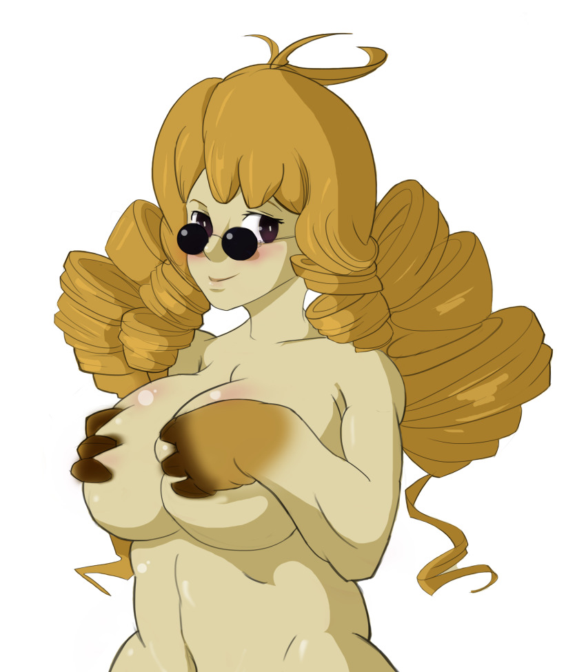 absurdres blonde_hair breasts brown_eyes claws cleavage covering_breasts covering_privates drill_hair highres large_breasts looking_at_viewer mario_(series) monty_mole navel nintendo nude personification skindentation splashbrush sunglasses transparent_background