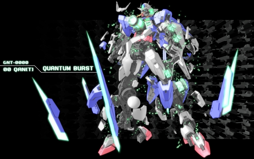 00_qan[t] 3d unworn_armor bit_(gundam) blade character_name commentary english_text funnels_(gundam) glowing glowing_eyes gn_drive green_eyes gundam gundam_00 gundam_00_a_wakening_of_the_trailblazer highres mecha mobile_suit no_humans removing_armor robot science_fiction separated solo v-fin weapon zefai