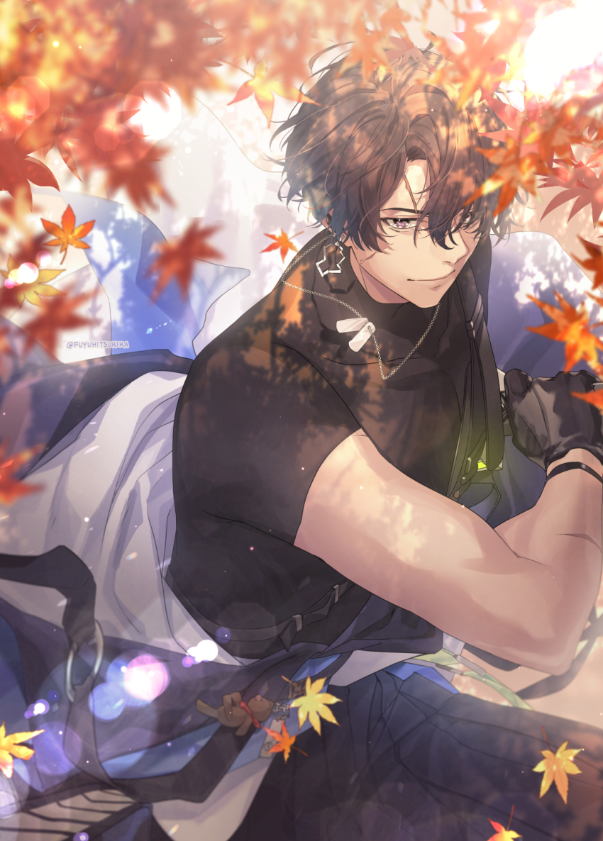 1boy aki_(neural_cloud) autumn bear_charm black_gloves black_hair black_shirt commentary_request commission dog_tags drawing_sword earpiece falling_leaves from_above fuyuhi_tsukika girls&#039;_frontline girls&#039;_frontline_neural_cloud gloves hadanugi_dousa highres holding holding_sword holding_weapon japanese_clothes kimono leaf male_focus maple_leaf muscular open_clothes open_kimono pixiv_commission purple_eyes scar shirt short_hair short_sleeves solo sword weapon