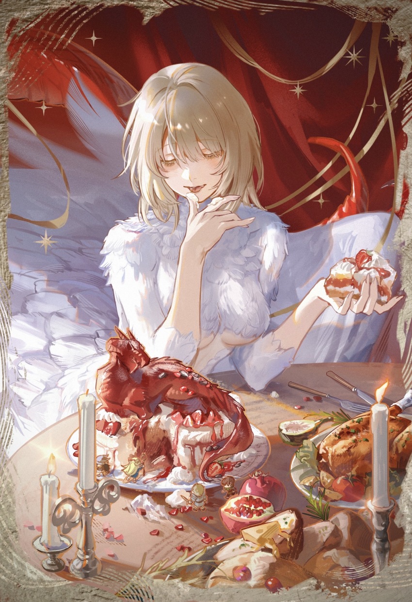 2girls 3boys achyue blonde_hair border breasts brown_border butter cake cake_slice candle candlestand character-themed_food chilchuck_tims chinese_commentary commentary_request cream dungeon_meshi falin_touden falin_touden_(chimera) feathers food fork fruit highres holding holding_cake holding_food knife laios_touden marcille_donato mini_person miniboy minigirl monster_girl multiple_boys multiple_girls plate pomegranate red_dragon_(dungeon_meshi) senshi_(dungeon_meshi) solo_focus strawberry strawberry_shortcake tomato tongue tongue_out turkey_(food) underboob white_feathers