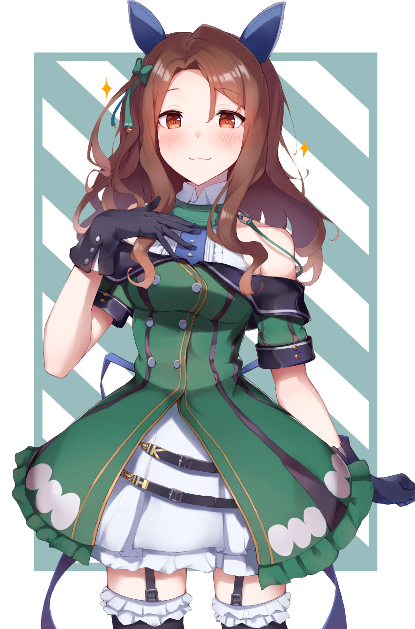 1girl absurdres animal_ears bare_shoulders black_gloves blush border bow breasts buttons collared_shirt commentary_request cowboy_shot double-breasted dress ear_bow ear_covers garter_straps gloves green_bow green_dress highres horse_ears horse_girl horse_tail king_halo_(umamusume) long_hair medium_breasts red_eyes shirt smile solo striped_background tail tsujiya_okuyasu umamusume white_border