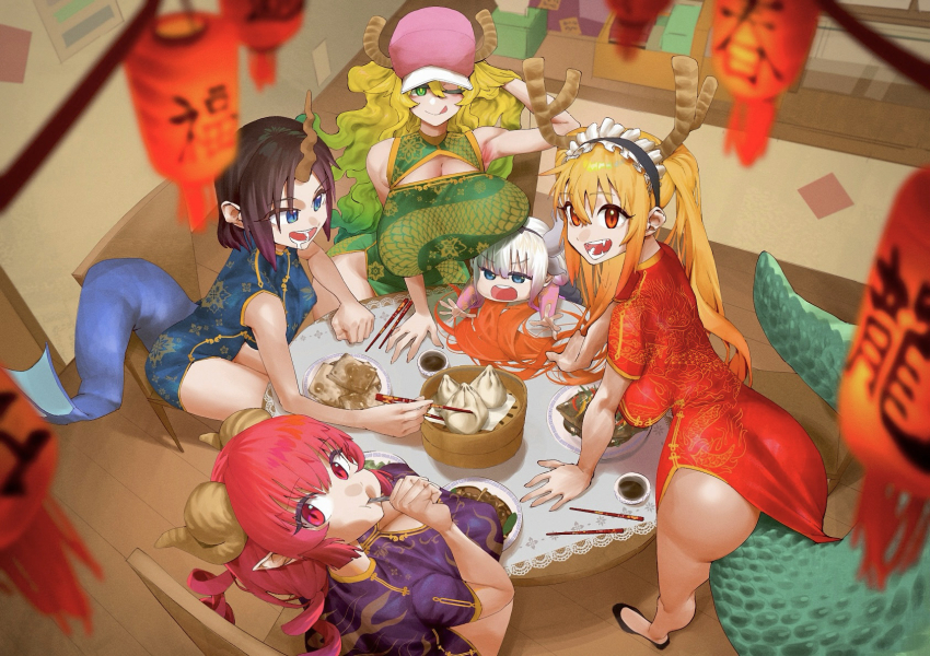 5girls baseball_cap blue_dress breasts china_dress chinese_clothes chinese_food cleavage cleavage_cutout clothing_cutout dragon_girl dragon_horns dragon_print dragon_tail dress elma_(maidragon) gradient_hair green_dress hat highres horns huge_breasts ilulu_(maidragon) kanna_kamui kobayashi-san_chi_no_maidragon kuriki_art large_breasts large_tail lucoa_(maidragon) multicolored_hair multiple_girls pelvic_curtain print_dress purple_dress red_dress single_horn tail tohru_(maidragon)