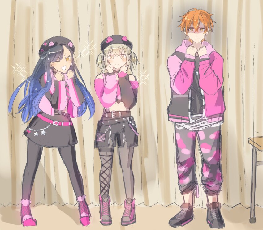 1boy 2girls awakening_beat_(project_sekai) azusawa_kohane beat_eater_(vocaloid) belt belt_buckle black_belt black_hair black_headwear black_shorts blue_hair blush brown_hair buckle clenched_hands closed_mouth commentary earrings full_body gradient_hair hair_between_eyes hands_up highres hood hood_down hooded_jacket jacket jewelry long_hair long_sleeves looking_at_viewer midriff multicolored_hair multiple_girls official_alternate_costume one_eye_closed open_clothes open_jacket open_mouth orange_eyes orange_hair pantyhose photo-referenced project_sekai rea_(tireamisu_) shinonome_akito shiraishi_an short_hair short_twintails shorts sparkle standing star_(symbol) star_earrings twintails two-tone_hair