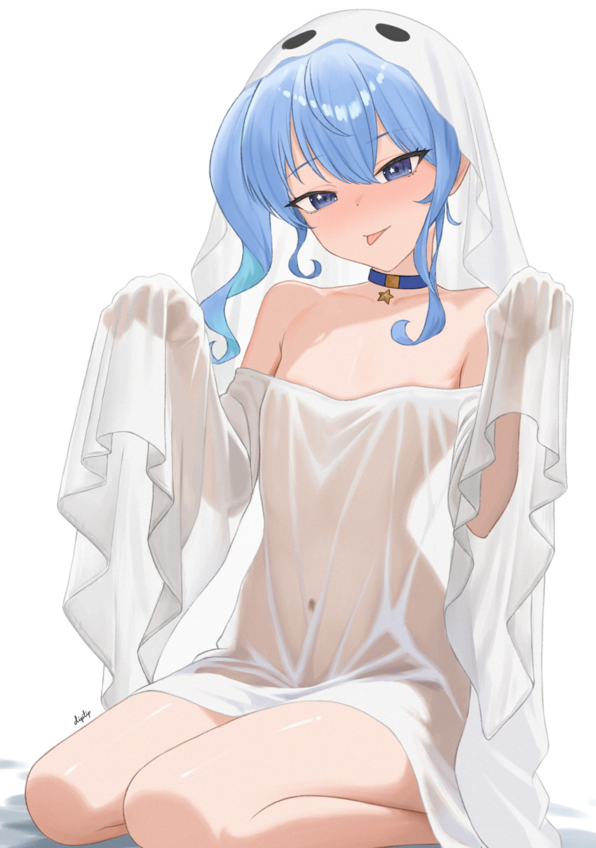 1girl absurdres asymmetrical_sidelocks bed_sheet blue_choker blue_eyes blue_hair blue_ribbon choker commentary covered_navel diptip double-parted_bangs dress english_commentary flat_chest full_body ghost_costume hair_between_eyes hair_ribbon highres hololive hoshimachi_suisei long_sleeves looking_at_viewer medium_hair naked_dress paid_reward_available pendant_choker ribbon see-through_silhouette short_dress side_ponytail sidelocks simple_background sitting sleeves_past_fingers sleeves_past_wrists solo star_(symbol) star_choker star_in_eye symbol_in_eye virtual_youtuber white_background wide_sleeves