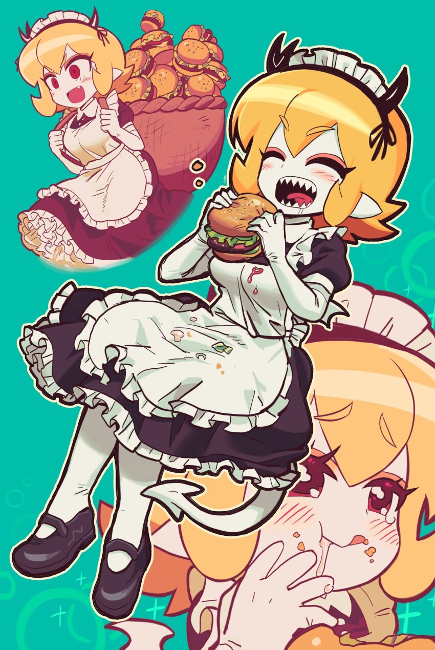 1girl apron aqua_background black_dress blonde_hair burger commentary demon_girl demon_horns demon_tail dress eating elbow_gloves food food_on_clothes full_body gloves highres holding holding_burger holding_food horns maid maid_headdress mary_janes multiple_views original pointy_ears satanmanse sharp_teeth shoes short_hair symbol-only_commentary tail teeth white_apron