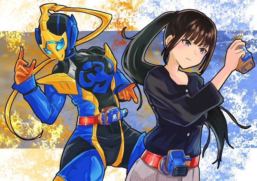 1girl black_eyes black_hair black_shirt cycloneactionx dual_persona fighting_stance highres igarashi_sakura kamen_rider kamen_rider_jeanne kamen_rider_revice long_hair ponytail rider_belt shirt vistamp